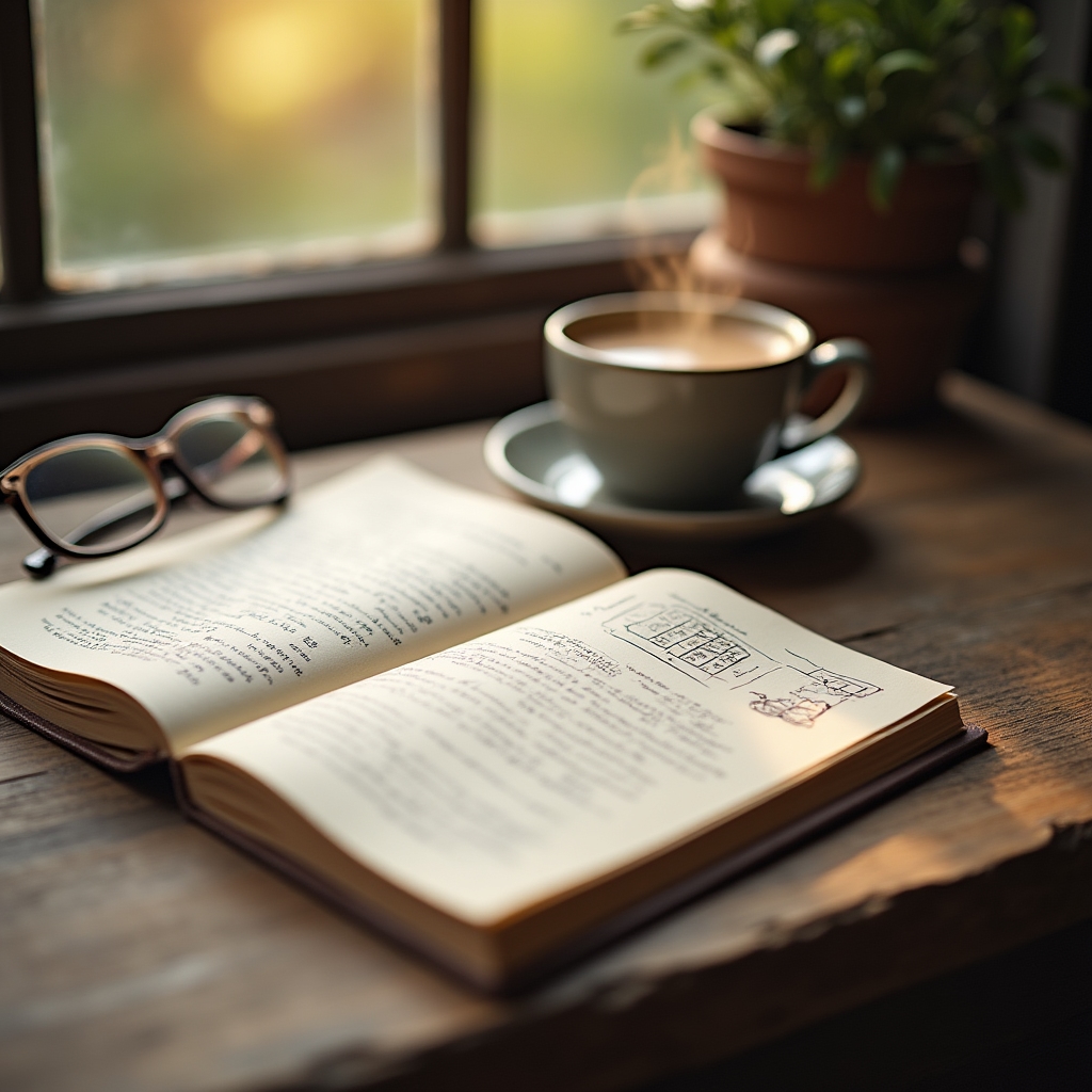 Aufgeschlagenes Notizbuch neben einer Kaffeetasse für die Reflexion nach der Sitzung