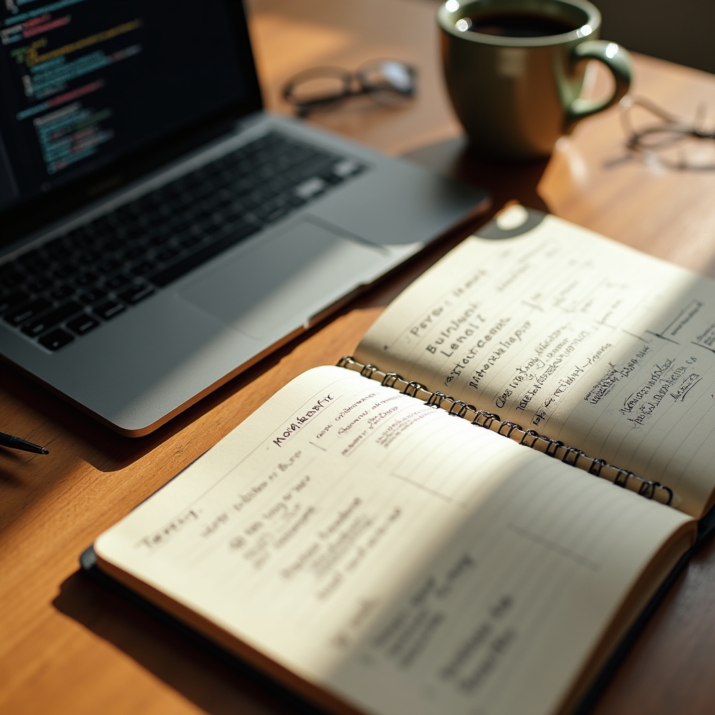 Schreibtisch mit Laptop, Code auf dem Bildschirm und handschriftlichen Notizen zur Teamführung