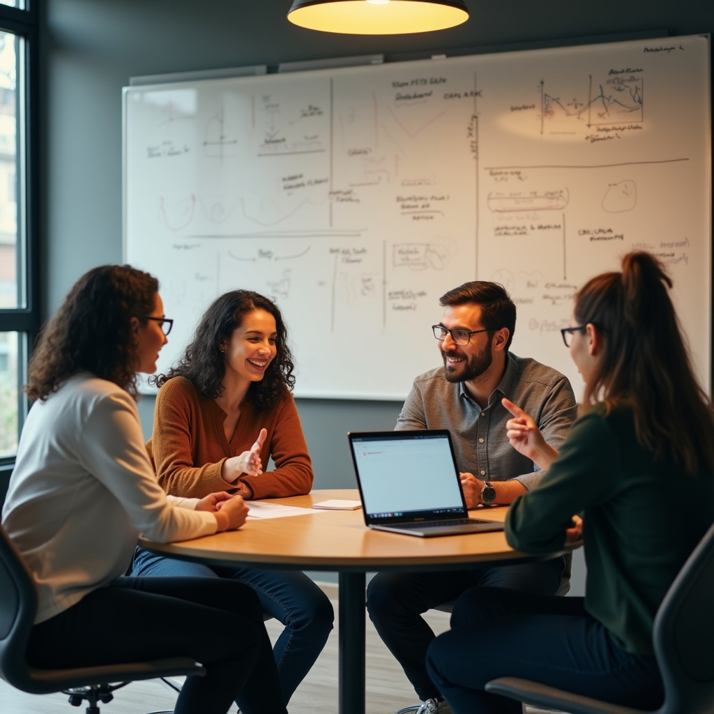 Teammeeting mit Diskussion zwischen mehreren Fachleuten an einem Tisch
