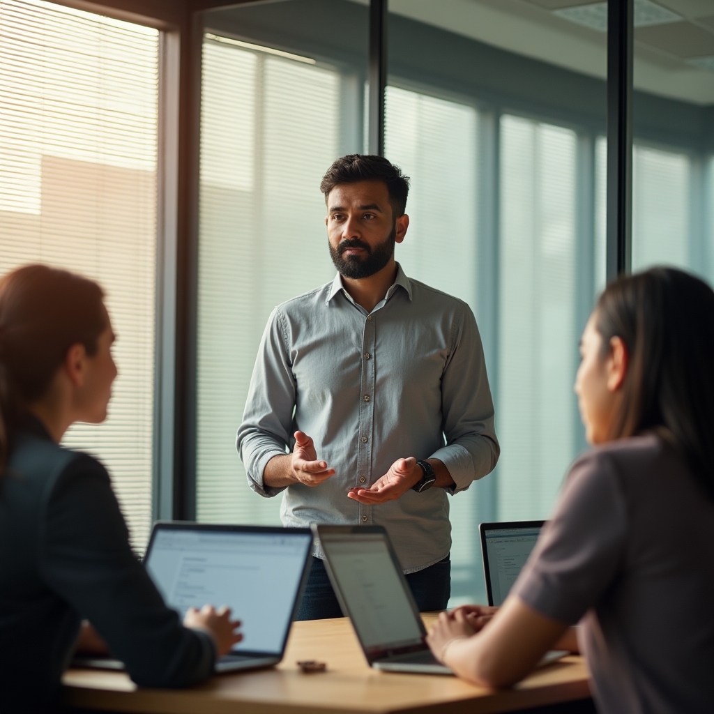 Teamlead im Gespräch mit dem Team in einem modernen Büro