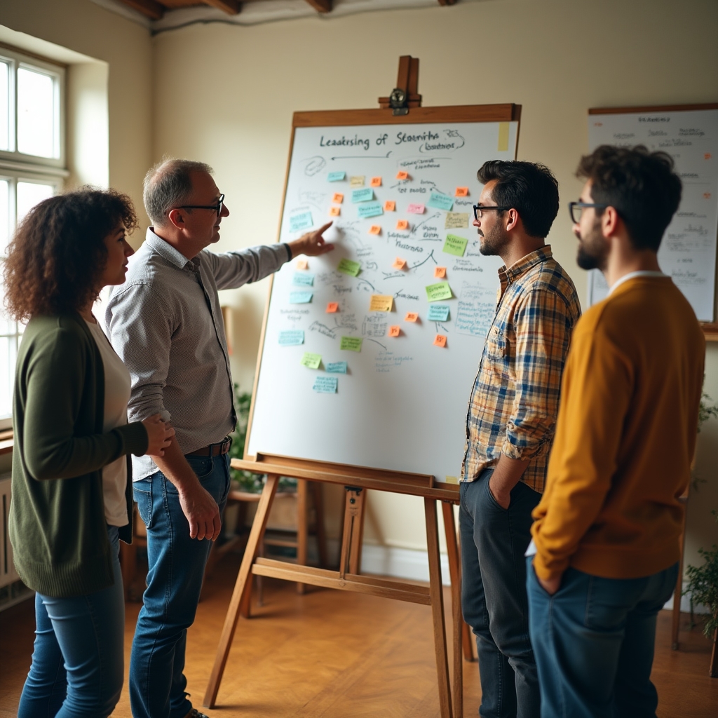 Workshop-Situation mit Flipchart voller Notizen zu Führungsthemen