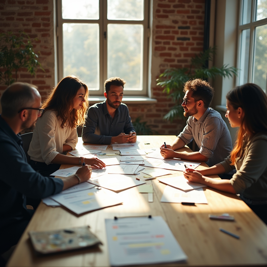 Gruppenarbeit mehrerer Teamleads an einem Tisch während eines Workshops